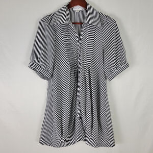 Casual Living Shirt Women Large Top Pleated Stripe 1/2 Sleeve Collared Button Up
